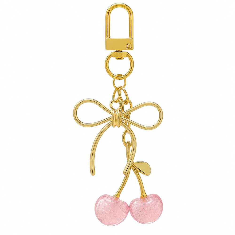 Gold Tone Bow Pink Cherries Fruit Decorative Purse Handbag Bag Zipper Charm NEW